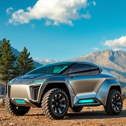 A sleek and futuristic 4x4 vehicle named 'Aether', designed for both rugged terrains and urban environments