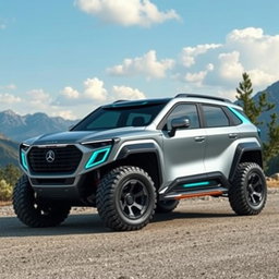A sleek and futuristic 4x4 vehicle named 'Aether', designed for both rugged terrains and urban environments