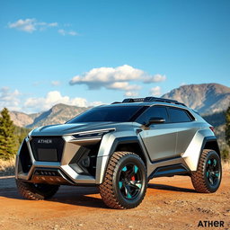 A sleek and futuristic 4x4 vehicle named 'Aether', designed for both rugged terrains and urban environments