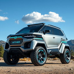 A sleek and futuristic 4x4 vehicle named 'Aether', designed for both rugged terrains and urban environments
