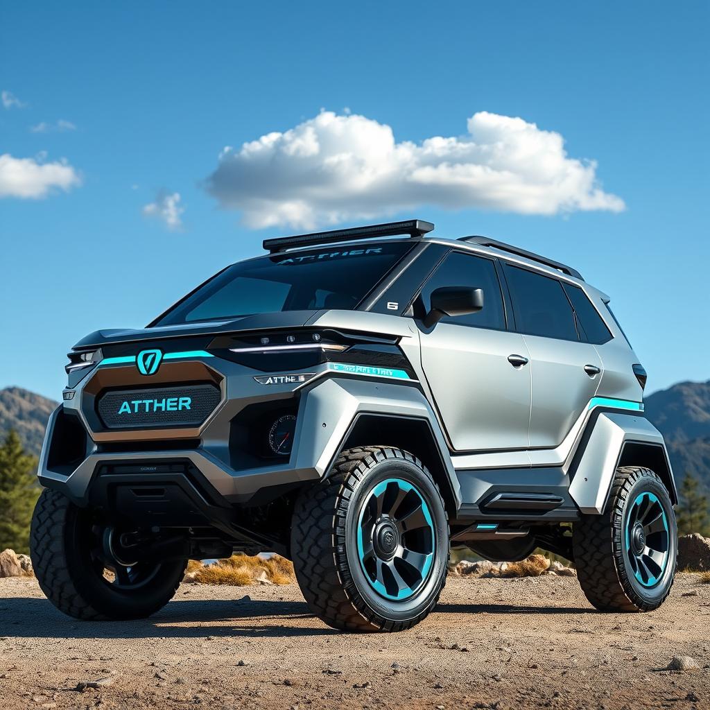 A sleek and futuristic 4x4 vehicle named 'Aether', designed for both rugged terrains and urban environments