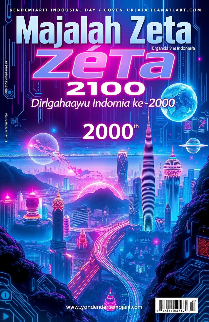 A vibrant magazine cover for 'Majalah Zeta' celebrating the 2100th Independence Day of Indonesia, set in a cyberpunk theme