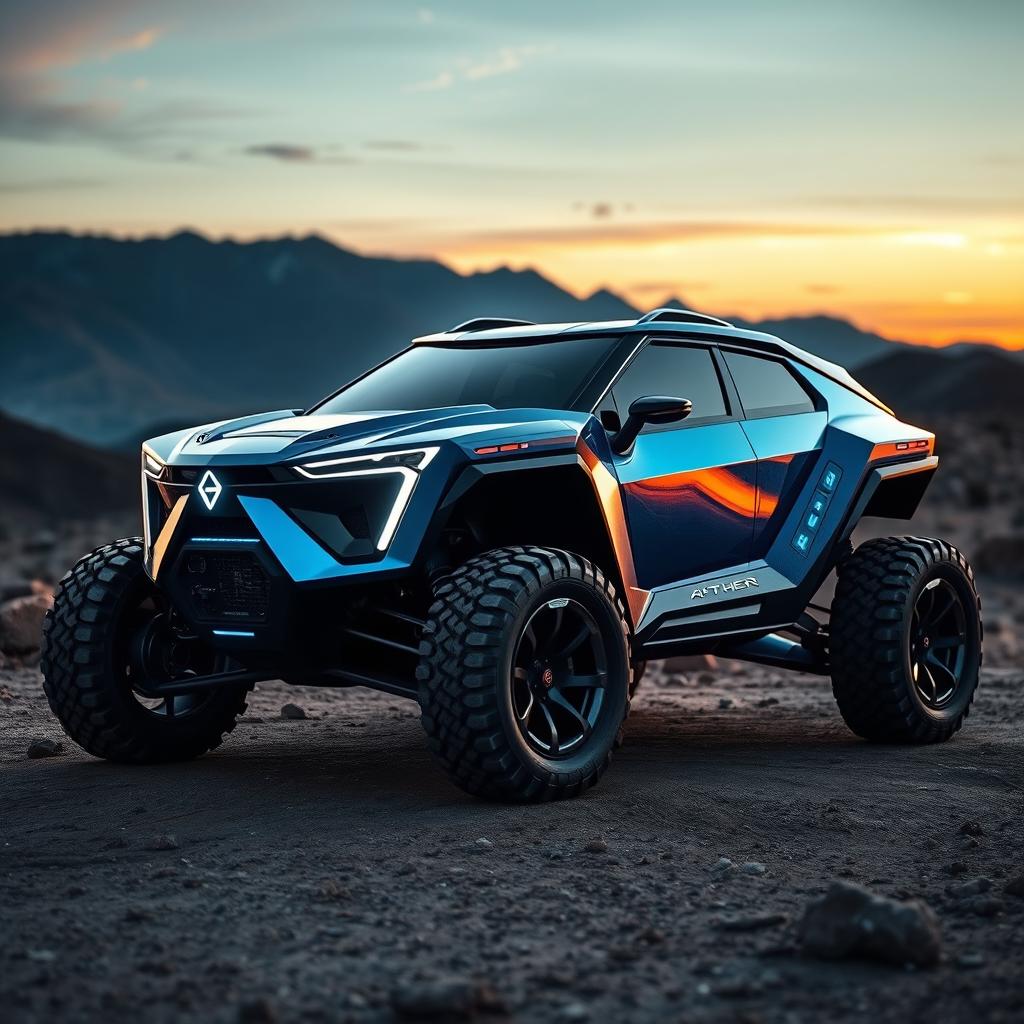 A futuristic 4x4 gasoline vehicle named 'Aether', showcasing a sleek and aerodynamic design