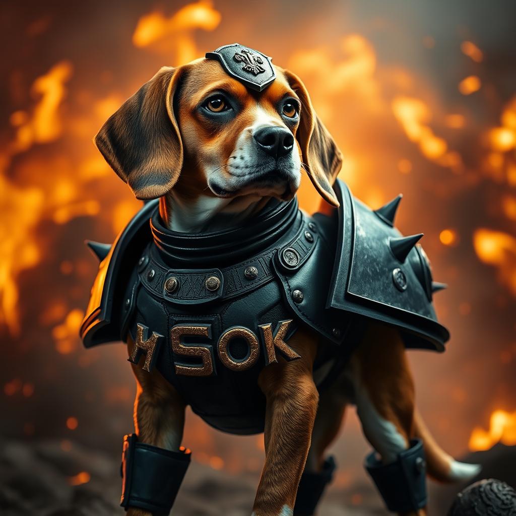 A beagle wearing black Warhammer 40k armor, adorned with the word 'SOK' in gold lettering