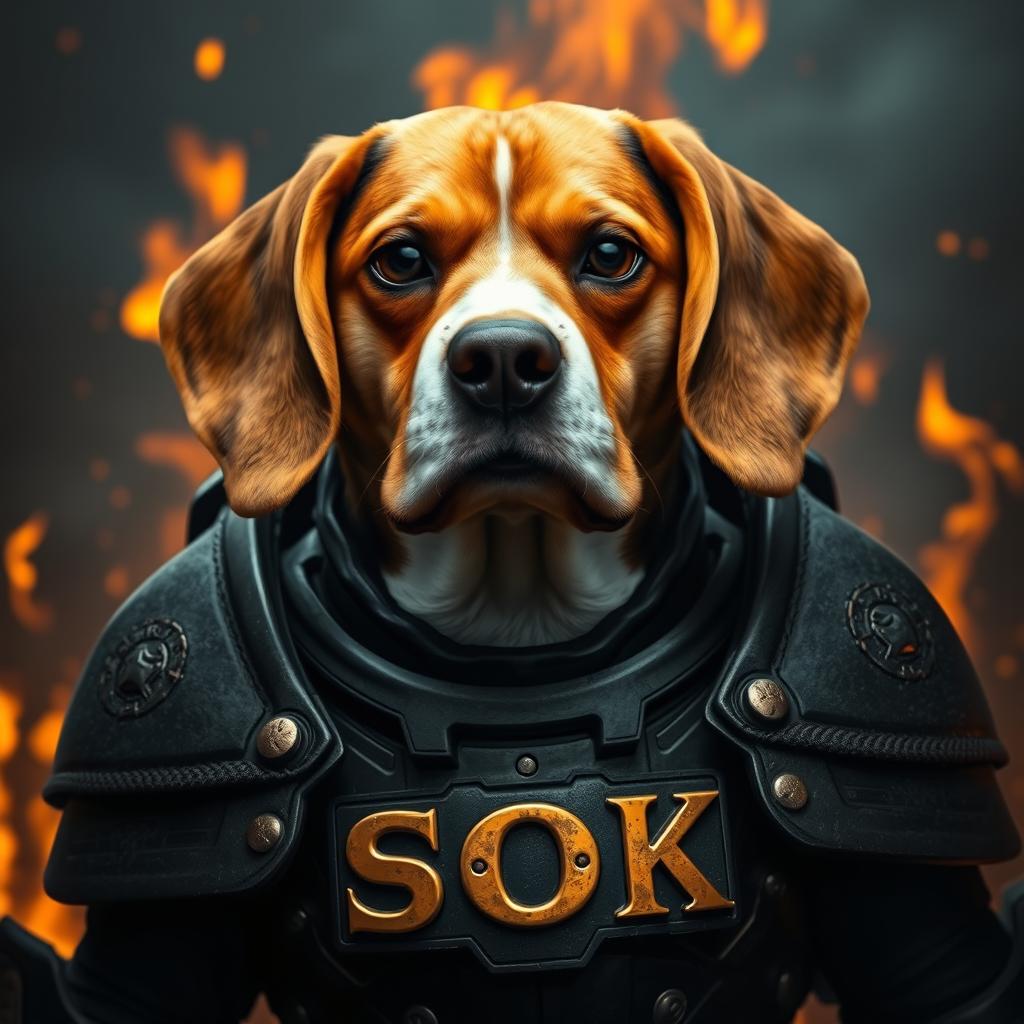 A portrait of a beagle wearing black Warhammer 40k armor, focusing on its head and part of the chest plate