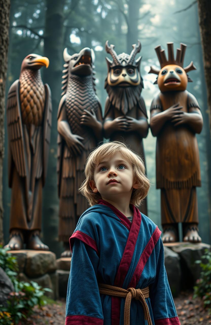An 11 year old child with light brown hair, wearing a blue robe trimmed in cranberry, stands in awe in front of four towering wooden statues representing the Thunderbird, Horned Serpent, Pukwudgie, and Wampus