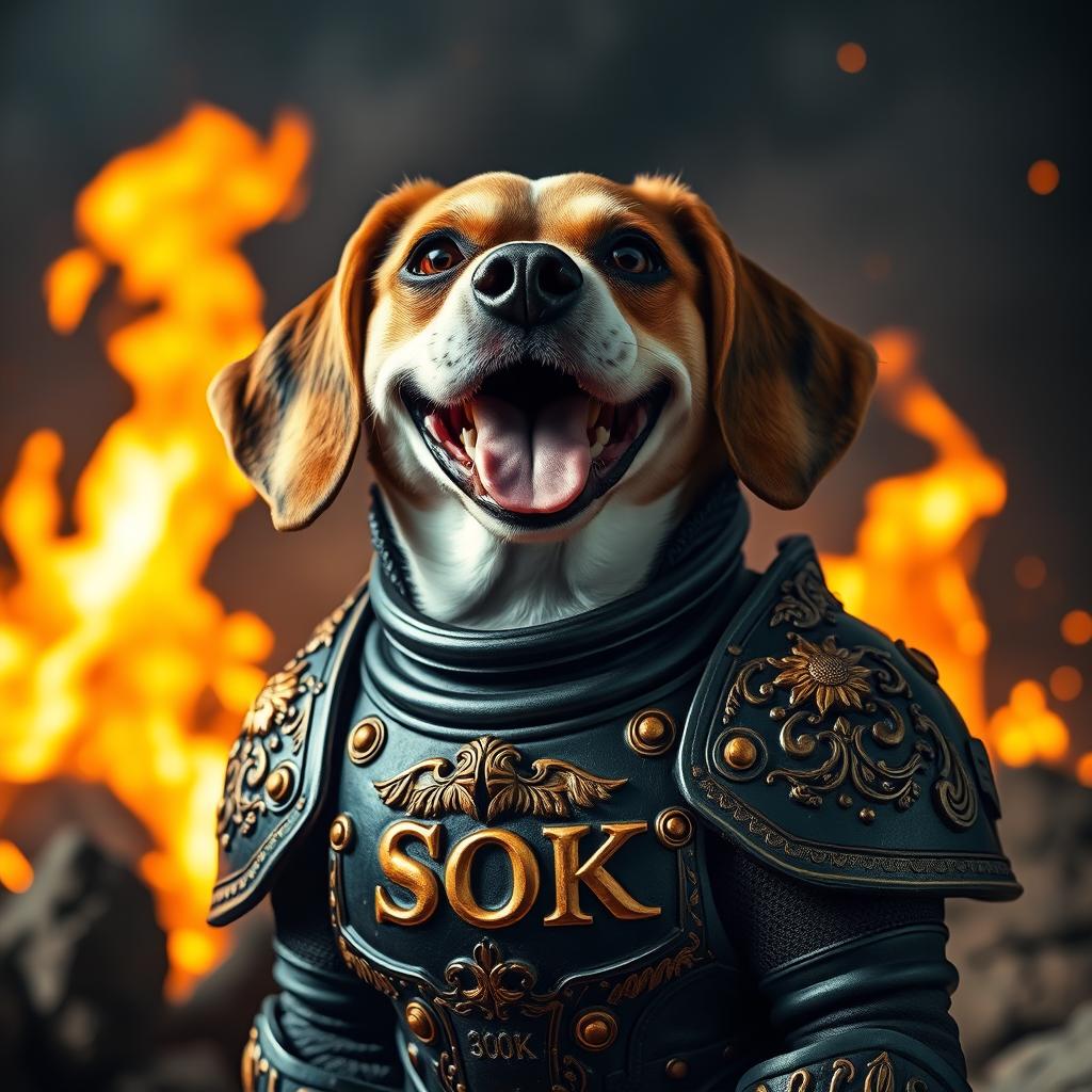 A joyful beagle wearing ornate black Warhammer 40k armor, elaborately decorated with intricate golden details, including filigree and embellishments