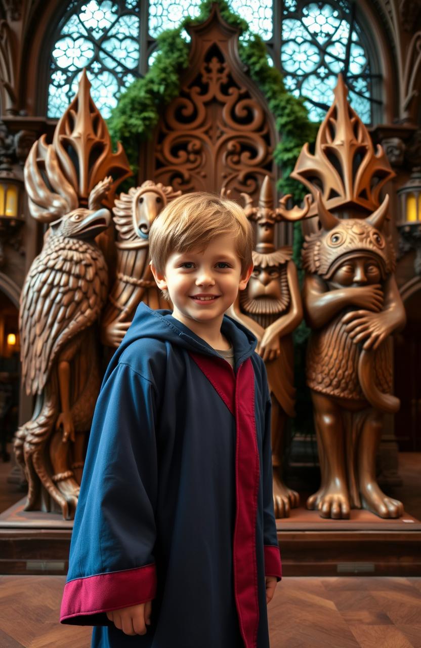 An 11-year-old boy with light brown hair, excitedly standing in front of four intricately carved wooden statues representing the Ilvermorny houses: Thunderbird, Horned Serpent, Pukwudgie, and Wampus