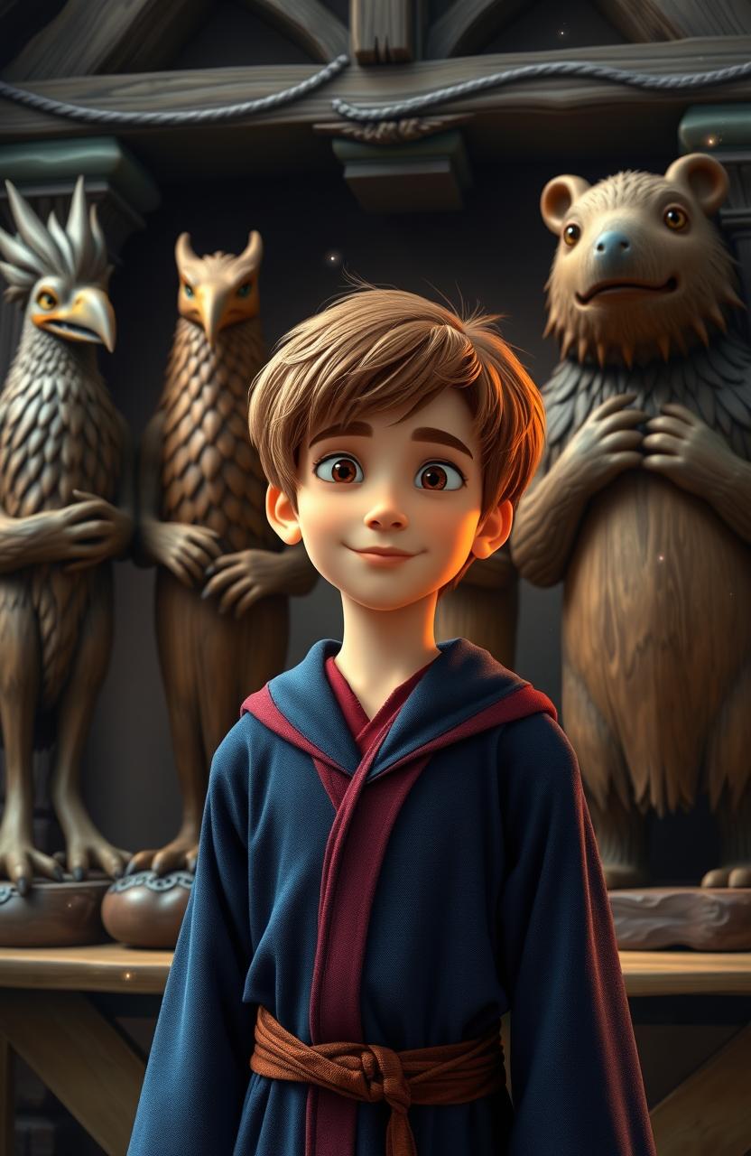 An 11-year-old boy with light brown hair wearing a blue robe trimmed in cranberry stands confidently in front of four wooden statues that represent the Ilvermorny school of Witchcraft and Wizardry: Thunderbird, Horned Serpent, Pukwudgie, and Wampus
