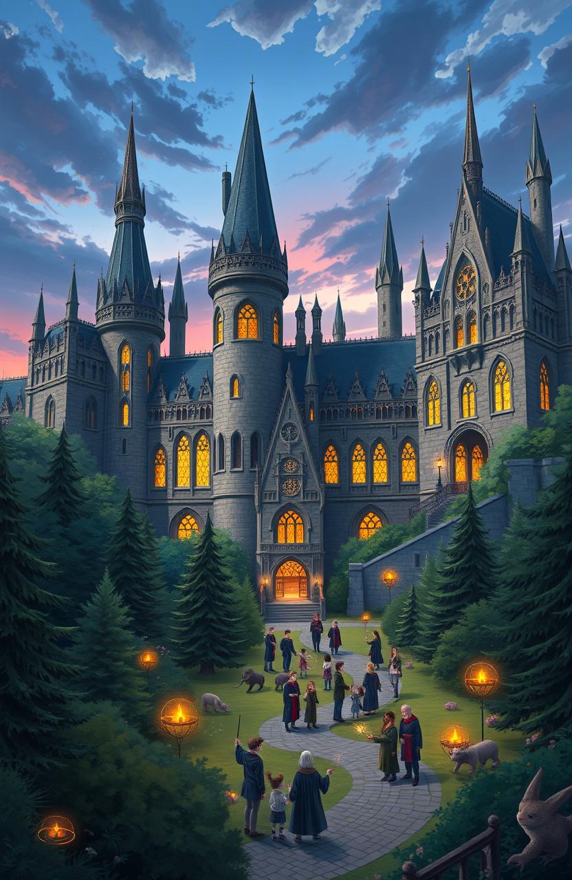 A majestic and sprawling view of Ilvermorny School of Witchcraft and Wizardry, showcasing its grand stone architecture surrounded by a lush, enchanted forest