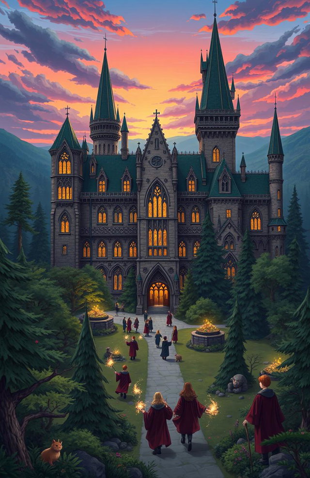 A majestic and sprawling view of Ilvermorny School of Witchcraft and Wizardry, showcasing its grand stone architecture surrounded by a lush, enchanted forest