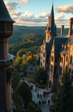 A breathtaking view of Ilvermorny School of Witchcraft and Wizardry set in the picturesque landscape of the Massachusetts countryside