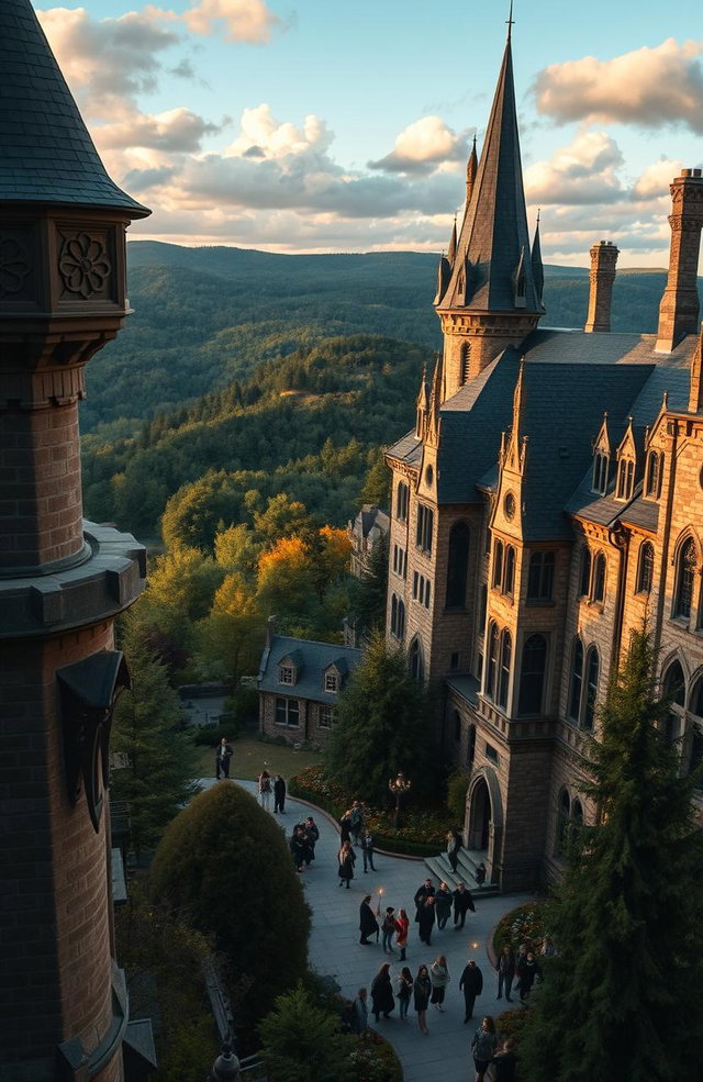 A breathtaking view of Ilvermorny School of Witchcraft and Wizardry set in the picturesque landscape of the Massachusetts countryside