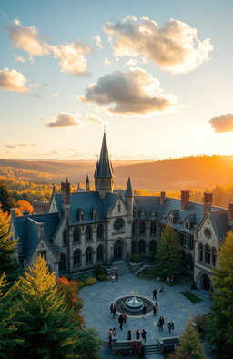 A breathtaking view of Ilvermorny School of Witchcraft and Wizardry set in the picturesque landscape of the Massachusetts countryside