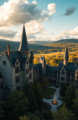 A breathtaking view of Ilvermorny School of Witchcraft and Wizardry set in the picturesque landscape of the Massachusetts countryside