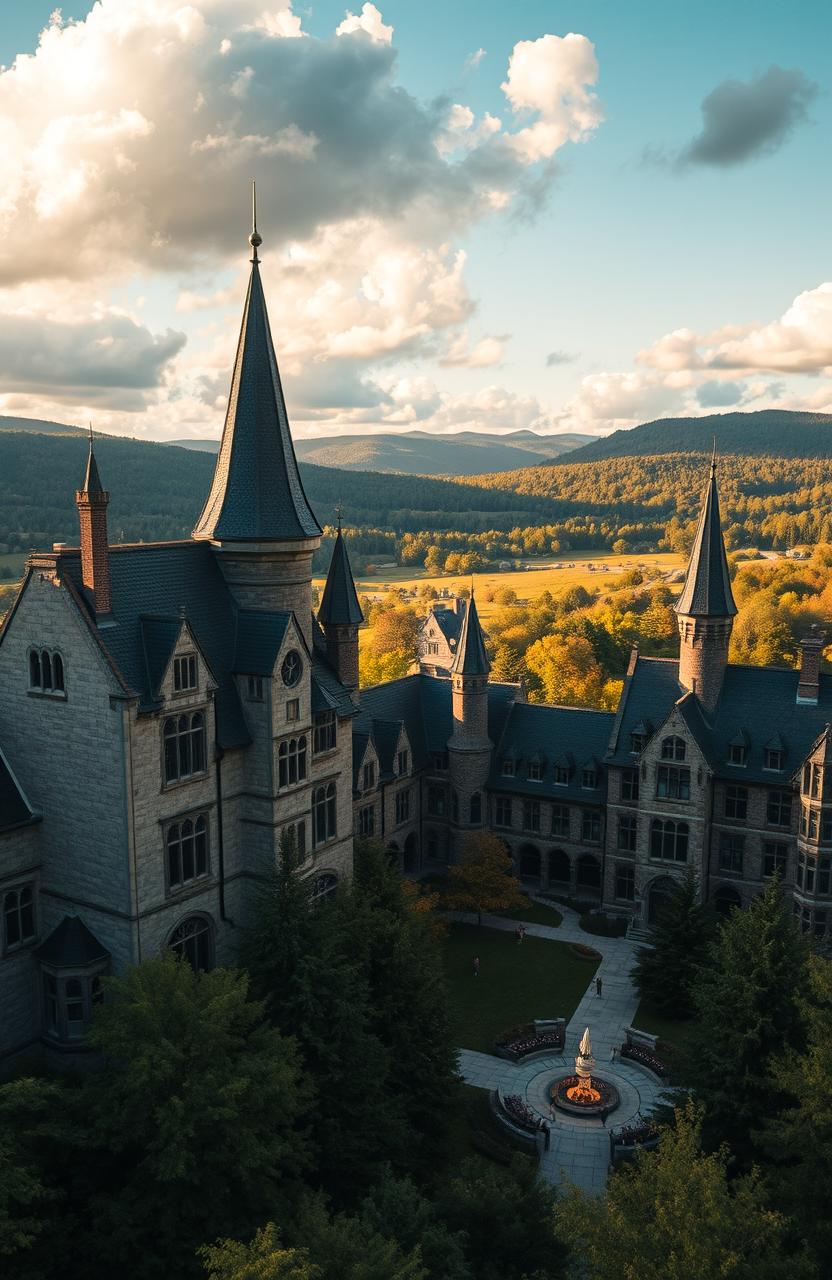 A breathtaking view of Ilvermorny School of Witchcraft and Wizardry set in the picturesque landscape of the Massachusetts countryside