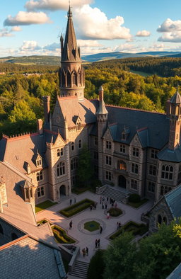 A breathtaking view of Ilvermorny School of Witchcraft and Wizardry set in the picturesque landscape of the Massachusetts countryside