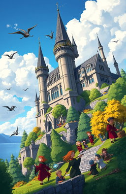 A vibrant animated scene depicting the Ilvermorny School of Witchcraft and Wizardry, showcasing its enchanting architecture, sprawling grounds, and lush forests