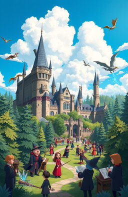 A vibrant animated scene depicting the Ilvermorny School of Witchcraft and Wizardry, showcasing its enchanting architecture, sprawling grounds, and lush forests