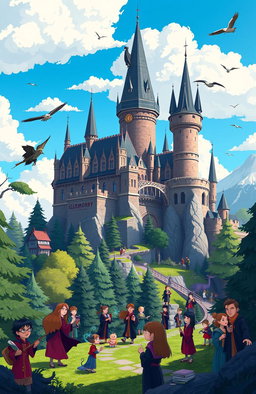 A vibrant animated scene depicting the Ilvermorny School of Witchcraft and Wizardry, showcasing its enchanting architecture, sprawling grounds, and lush forests