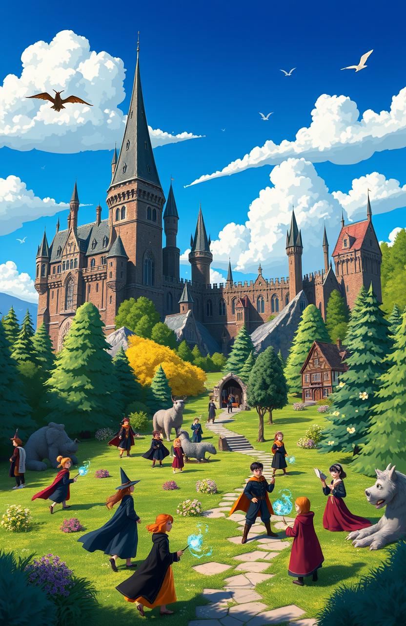 A vibrant animated scene depicting the Ilvermorny School of Witchcraft and Wizardry, showcasing its enchanting architecture, sprawling grounds, and lush forests