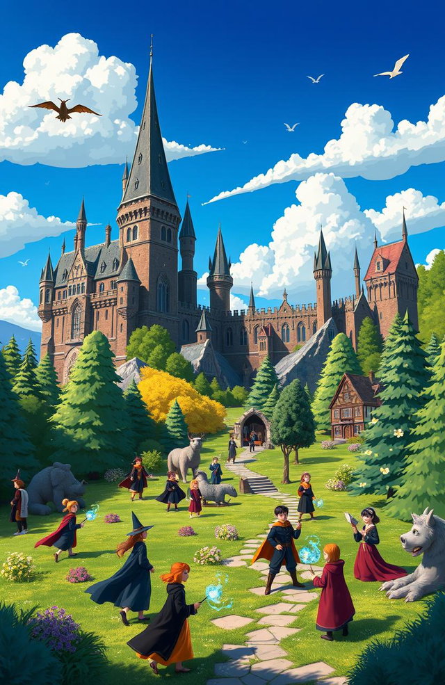 A vibrant animated scene depicting the Ilvermorny School of Witchcraft and Wizardry, showcasing its enchanting architecture, sprawling grounds, and lush forests