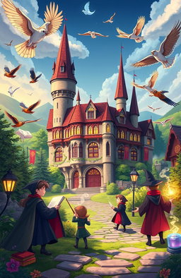A vibrant animated scene depicting Ilvermorny School of Witchcraft and Wizardry, showcasing the majestic architecture of the school nestled in the picturesque landscapes of Massachusetts