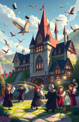 A vibrant animated scene depicting Ilvermorny School of Witchcraft and Wizardry, showcasing the majestic architecture of the school nestled in the picturesque landscapes of Massachusetts