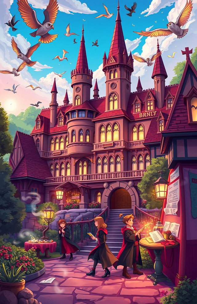 A vibrant animated scene depicting Ilvermorny School of Witchcraft and Wizardry, showcasing the majestic architecture of the school nestled in the picturesque landscapes of Massachusetts