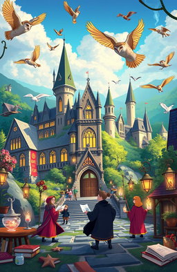 A vibrant animated scene depicting Ilvermorny School of Witchcraft and Wizardry, showcasing the majestic architecture of the school nestled in the picturesque landscapes of Massachusetts