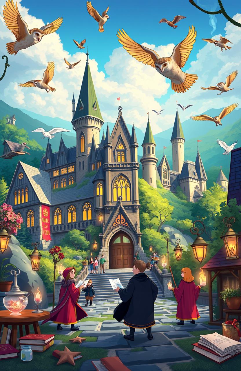 A vibrant animated scene depicting Ilvermorny School of Witchcraft and Wizardry, showcasing the majestic architecture of the school nestled in the picturesque landscapes of Massachusetts