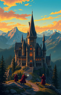 A stunning illustration of the Ilvermorny School of Witchcraft and Wizardry, located at the peak of Mount Greylock in Massachusetts