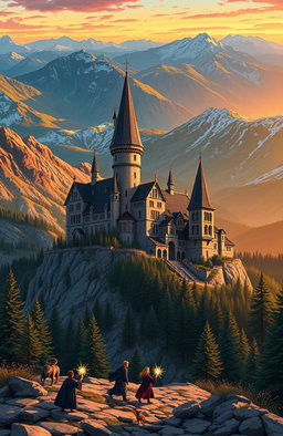 A stunning illustration of the Ilvermorny School of Witchcraft and Wizardry, located at the peak of Mount Greylock in Massachusetts