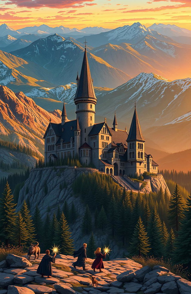A stunning illustration of the Ilvermorny School of Witchcraft and Wizardry, located at the peak of Mount Greylock in Massachusetts