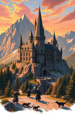 A stunning illustration of the Ilvermorny School of Witchcraft and Wizardry, located at the peak of Mount Greylock in Massachusetts