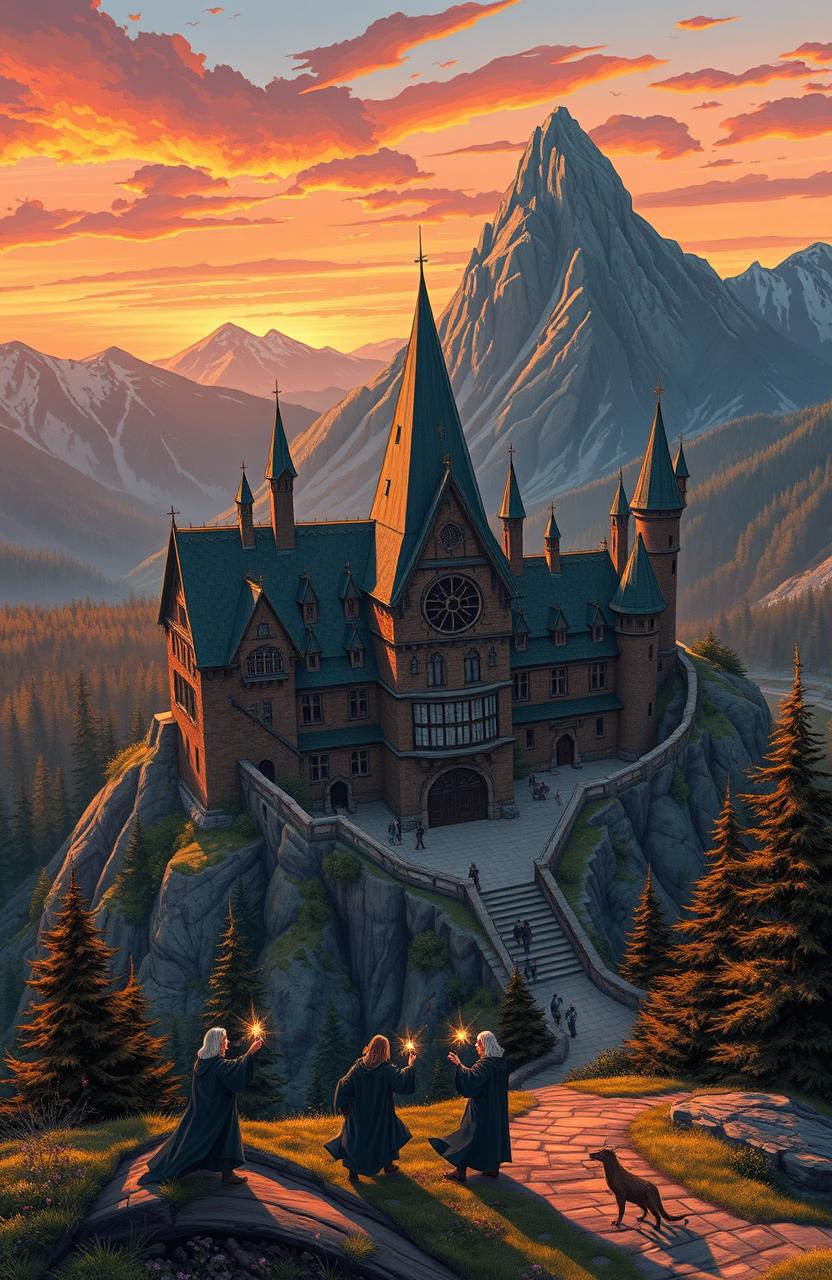 A stunning illustration of the Ilvermorny School of Witchcraft and Wizardry, located at the peak of Mount Greylock in Massachusetts