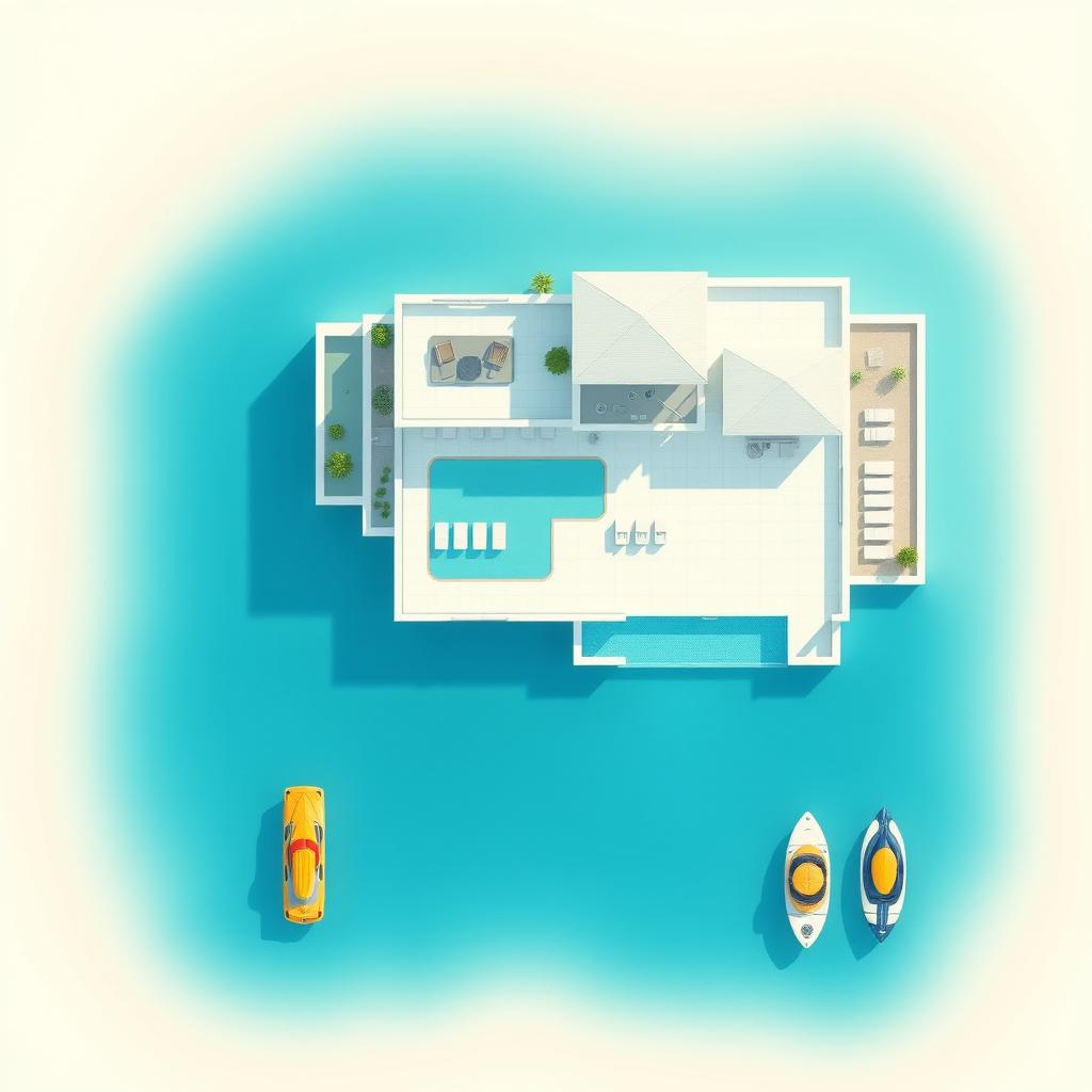 A 2D floor plan of a villa situated in front of the beach