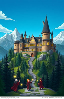 An animated depiction of the Ilvermorny School of Witchcraft and Wizardry, showcasing its grand architecture nestled atop the highest peak of Mount Greylock in Massachusetts