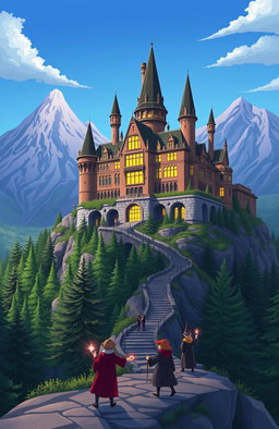 An animated depiction of the Ilvermorny School of Witchcraft and Wizardry, showcasing its grand architecture nestled atop the highest peak of Mount Greylock in Massachusetts