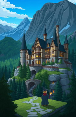 An animated depiction of the Ilvermorny School of Witchcraft and Wizardry, showcasing its grand architecture nestled atop the highest peak of Mount Greylock in Massachusetts