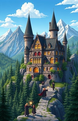 An animated depiction of the Ilvermorny School of Witchcraft and Wizardry, showcasing its grand architecture nestled atop the highest peak of Mount Greylock in Massachusetts