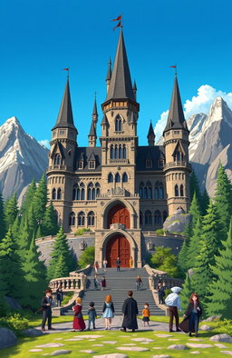 A stunning illustration of Ilvermorny School of Witchcraft and Wizardry, situated majestically at the peak of Mount Greylock in Massachusetts