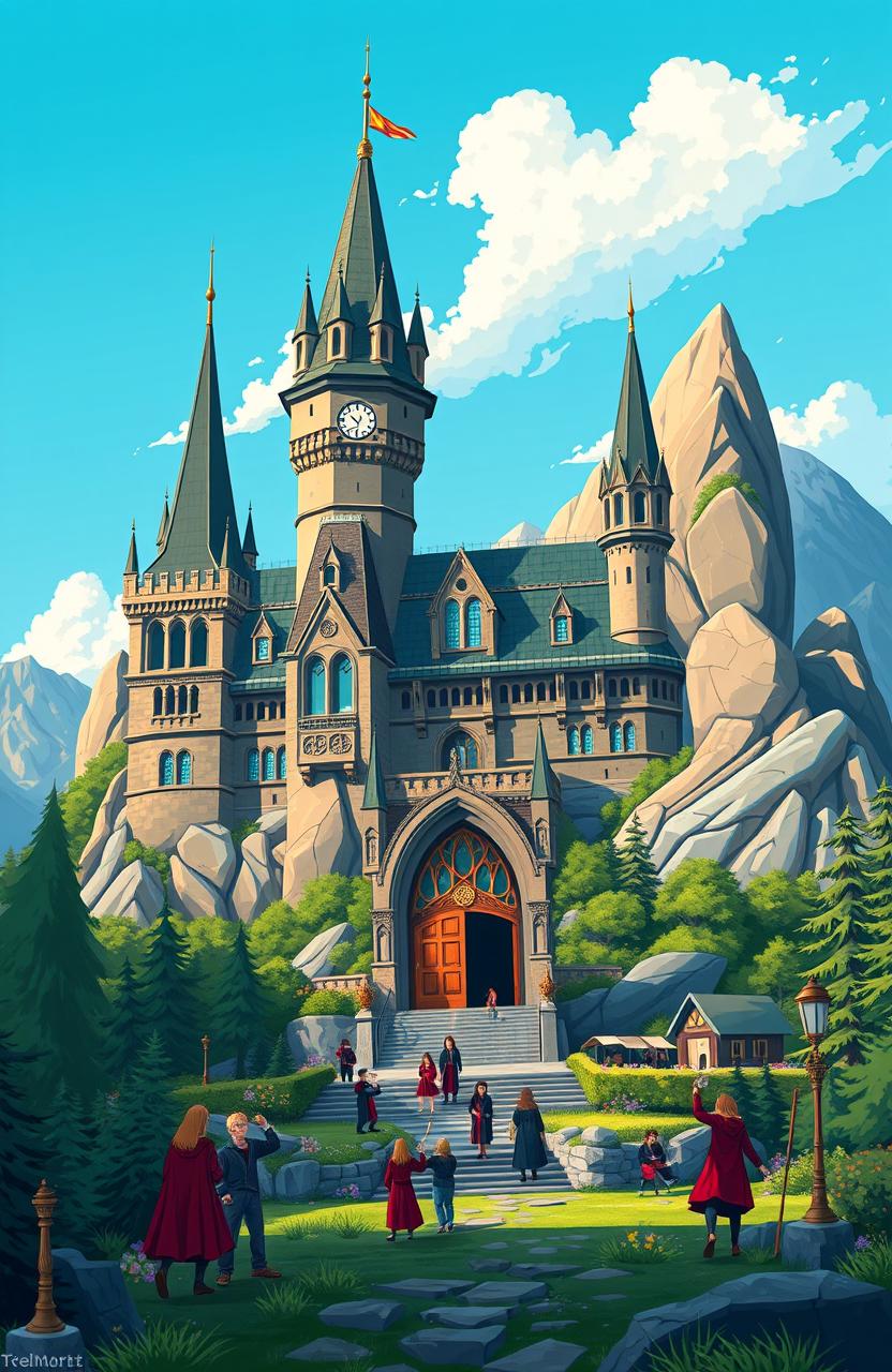 A stunning illustration of Ilvermorny School of Witchcraft and Wizardry, situated majestically at the peak of Mount Greylock in Massachusetts