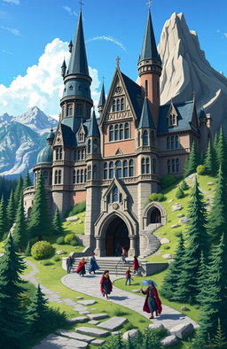 A stunning illustration of Ilvermorny School of Witchcraft and Wizardry, situated majestically at the peak of Mount Greylock in Massachusetts