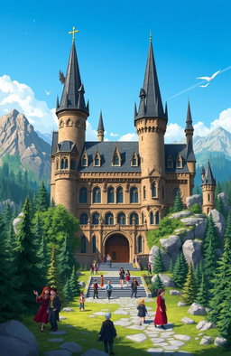 A stunning illustration of Ilvermorny School of Witchcraft and Wizardry, situated majestically at the peak of Mount Greylock in Massachusetts