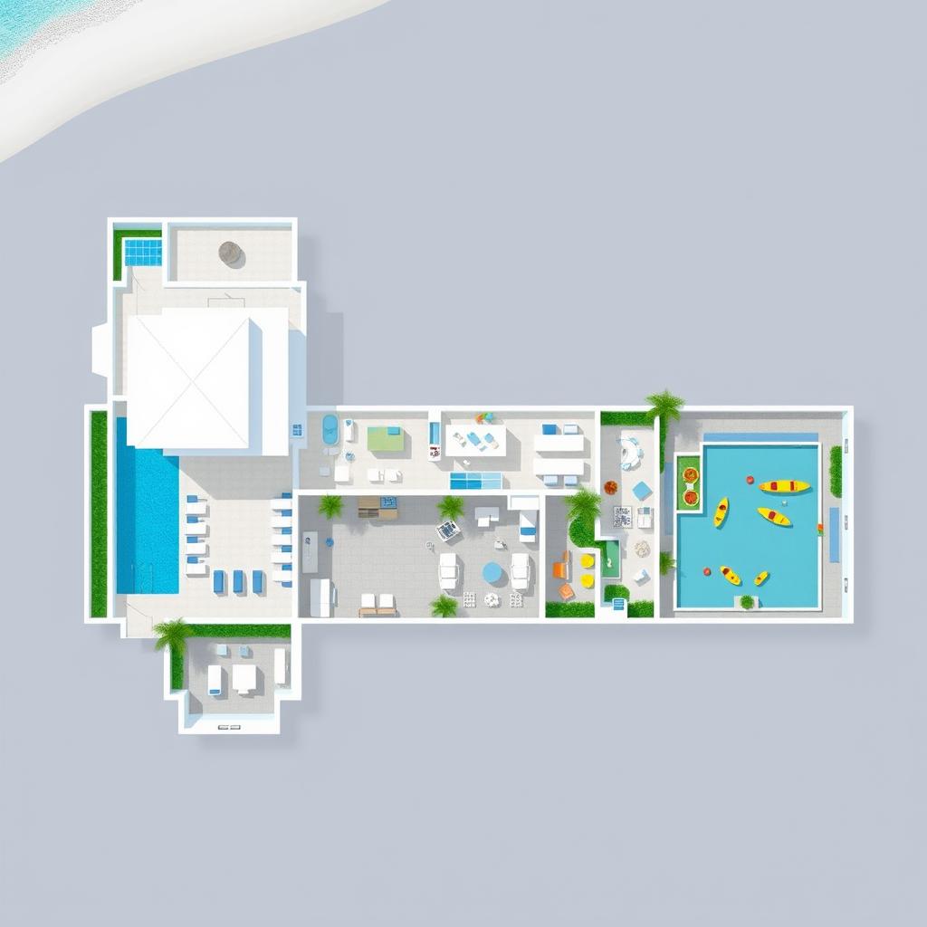 A detailed 2D floor plan of a villa located in front of a beach
