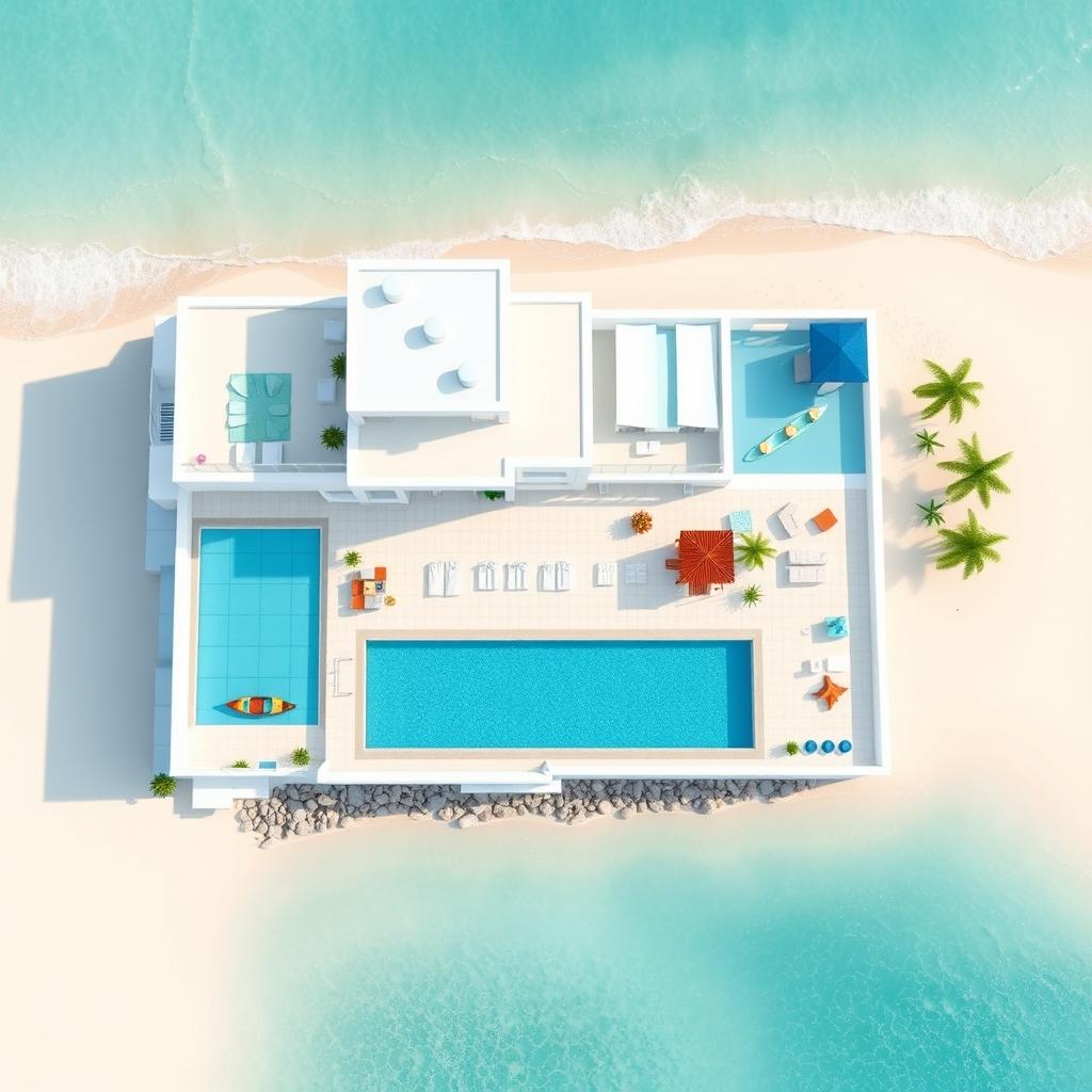 A detailed 2D floor plan of a stunning white and blue villa located right in front of a beautiful beach