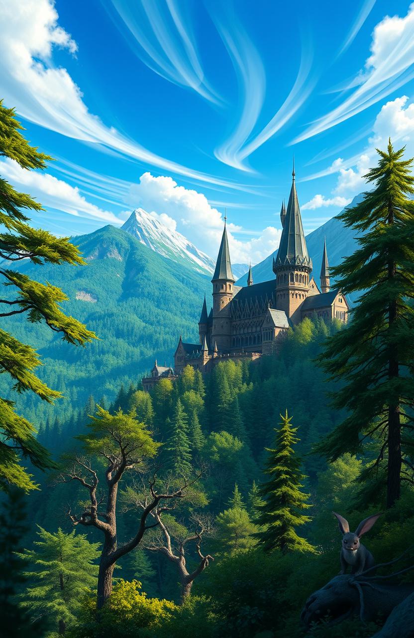 An enchanting view of Ilvermorny School of Witchcraft and Wizardry, set at the majestic peak of Mount Greylock in Massachusetts