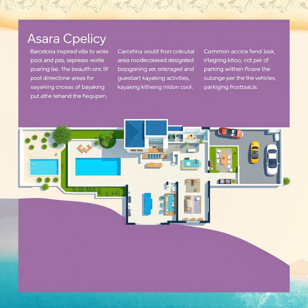 A detailed 2D floor plan of a Barcelona-inspired villa located in front of the beach