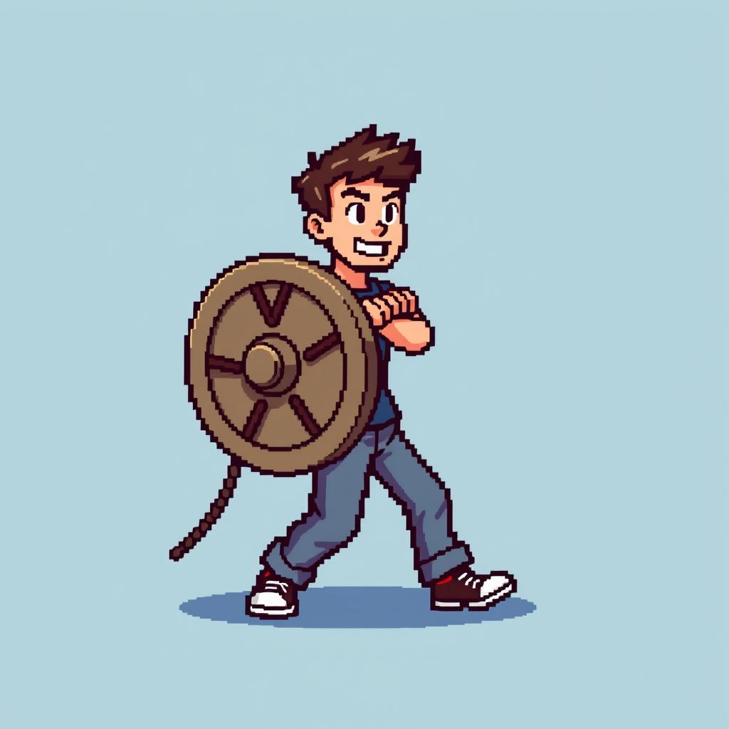 A pixel art illustration of a person pulling a load through a round pulley